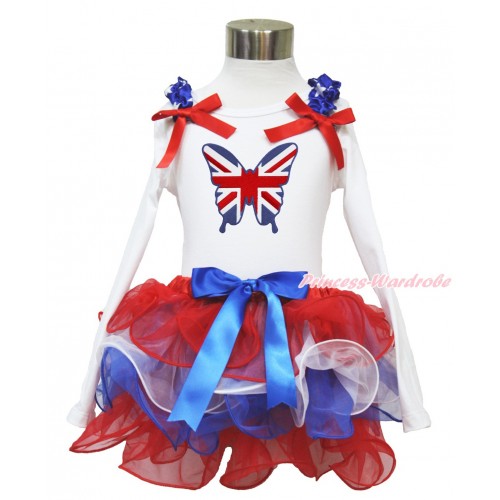 American's Birthday White Long Sleeve Top with Patriotic American Star Ruffles & Red Bow & Patriotic British Butterfly Print with Matching Royal Blue Bow Red White Blue Petal Pettiskirt MW486